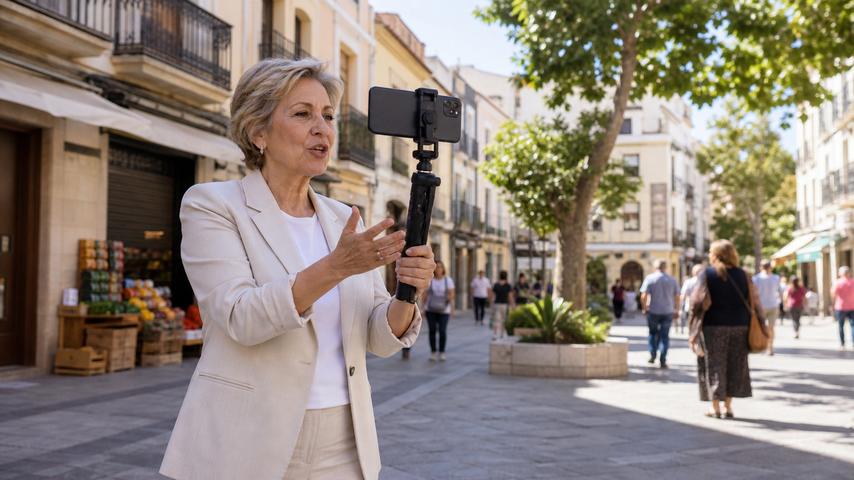Alcalde de municipio grabando un vídeo con el móvil en la calle para sus redes sociales