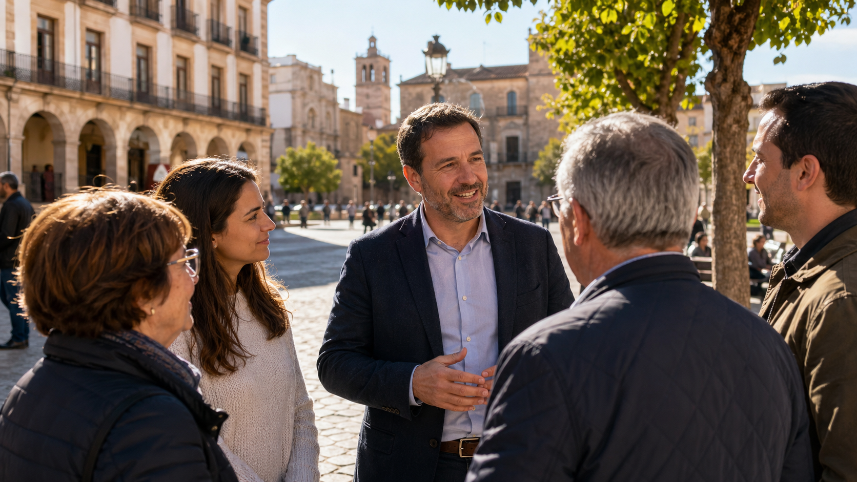 Político local hablando con vecinos en la plaza de un pueblo de Toledo