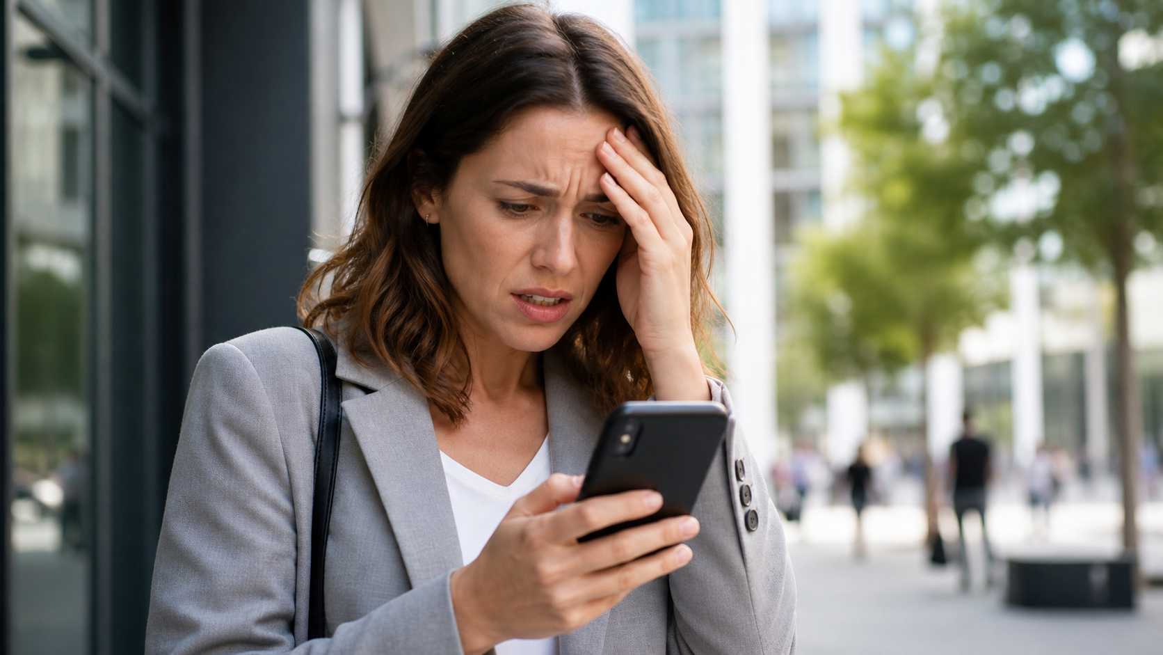 Candidato mirando el móvil con expresión preocupada ante una crisis de comunicación en redes sociales