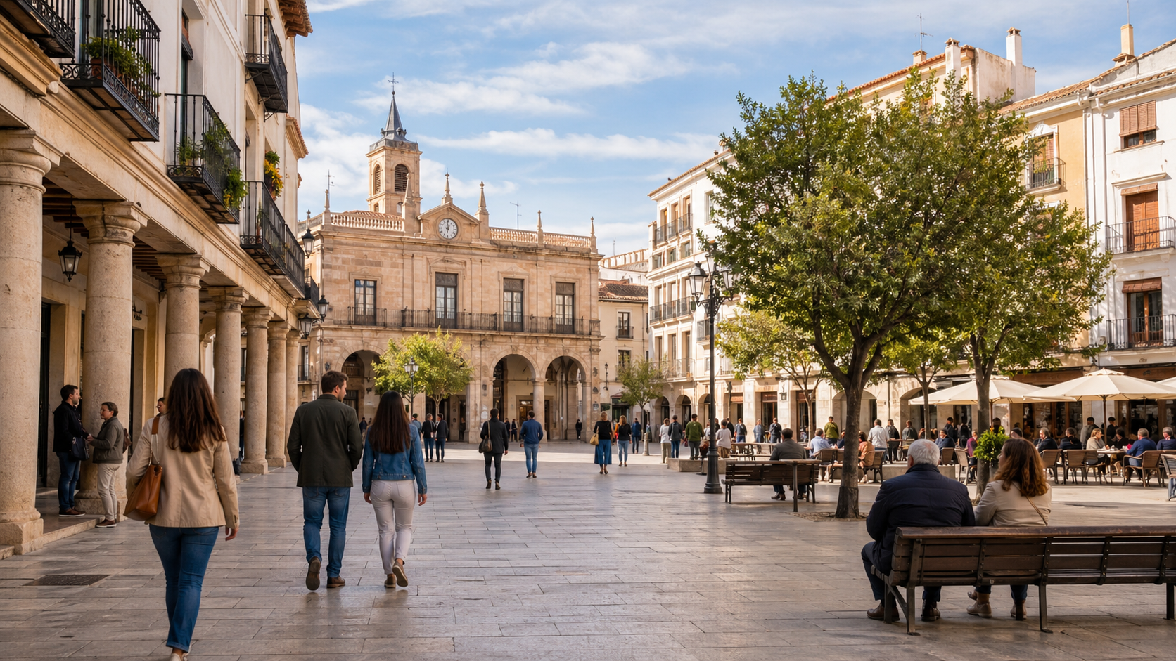 Plaza de un municipio de la provincia de Toledo con vecinos en el espacio público