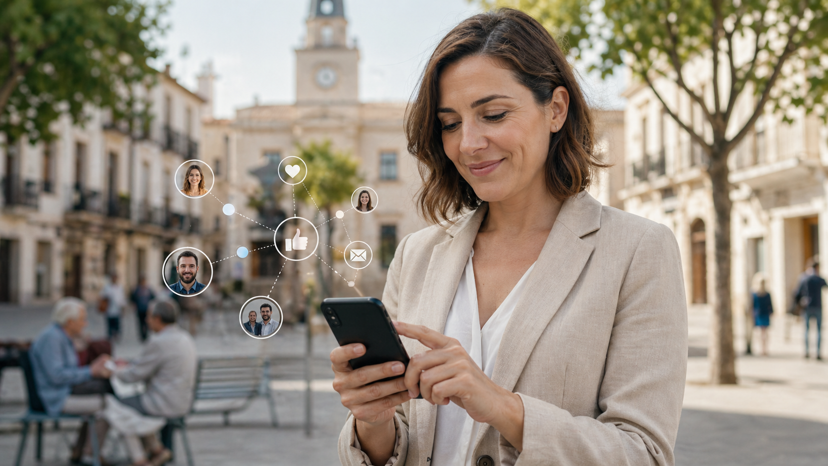 Candidato político revisando sus redes sociales en el móvil antes de las elecciones municipales
