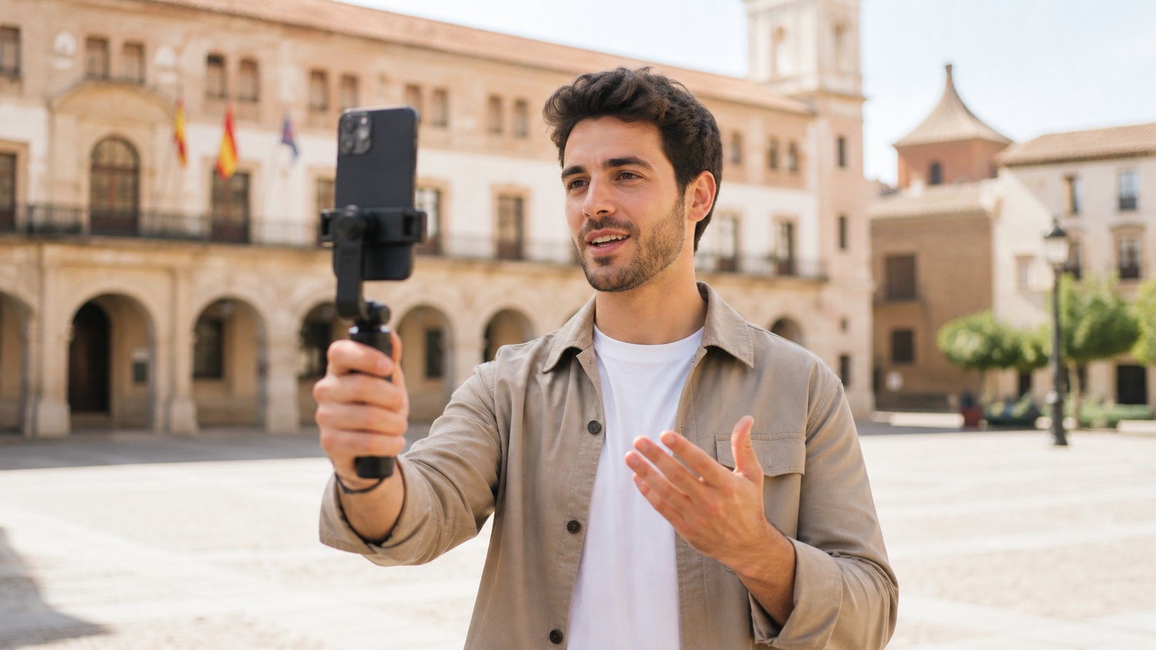 Persona grabando un vídeo vertical con el móvil para TikTok sobre política local en un municipio